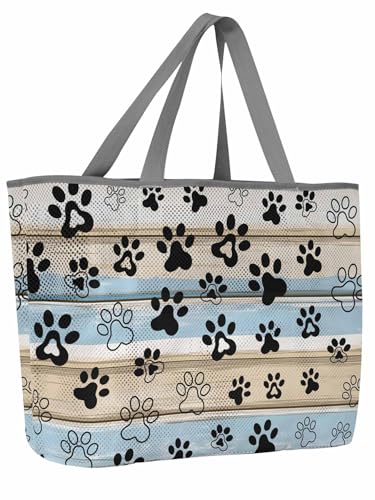 Mesh Beach Bag Oversized Tote Bags for Women Dog Paw Print Pet Footprint Large Travel Pool Bags with 8 Pockets