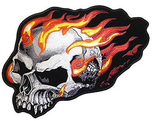 Flaming Fire Skull Side Head Novelty Embroidered Biker Jacket Patch - Iron on Backing