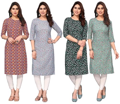Image of JAKHANA Women's Crepe Printed Casual Straight Calf Length Round Nick Kurta Pack of 4
