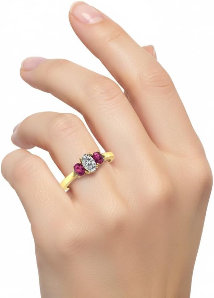Choose Your Gemstone Oval 3 Stone Basket Ring Yellow Gold Plated Oval Shape 3 Stone Engagement Rings Ornaments Surprise for Wife Symbol of Love Clarity Comfortable US Size 4 to 12