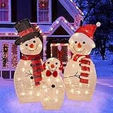 Lulu Home Christmas Yard Decoration, Set of 3 Pre-lit Snowman with 60 LEDs Warm White Lights, 2D Light Up Tinsel Snowman Family for Xmas Holiday Indoor Outdoor Decorations, 30 Inch/ 29 Inch/ 16.7 Inch