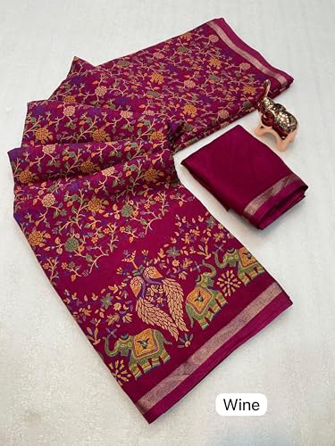 Image of Kalamkari Floral Prints Dola Silk Saree With Rich Zari Border Designer Pallu Attach Blouse Piece