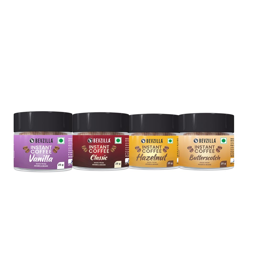 Bevzilla 25 Grams X 4 Flavoured Instant Coffee Powder Pack of Colombian Gold, Hazelnut, French Vanilla & English Butterscotch | 25 Gms Each 100% Arabica Coffee |Enjoy Hot & Cold-image-44