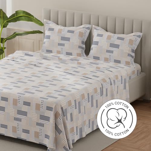 Image of Layers 100% Cotton Bedsheet for King Size Bed | Lumina Floret Collection | 144 TC Soft & Breathable | Printed with 2 Pillow Covers | Wrinkle Free & Colorfast | 3 Piece Bedding Set - Blue & Brown