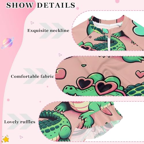 Girls One Piece Swimsuits Long Sleeve Swimsuit Zipper Bathing Suits Alligator Crocodiles Pink3