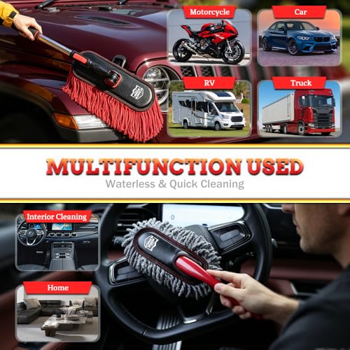 Image of Exterior Car Duster & Brush Kit - Extendable，Wax Cotton | Telescoping auto mop traps pollen scratch-free. Combo with inside detailing tools & bag. Gift for SUV, truck, motorcycle.