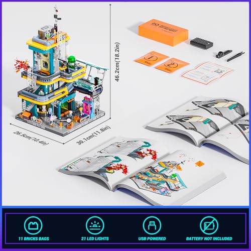 Image of FUNWHOLE Cyberpunk Mansion Lighting Building-Bricks Set - 2524 Pcs Future City Modular Buildings Set Display Idea for Adults and Sci-fi Lovers