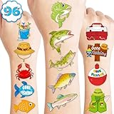 96 PCS Gone Fishing Fish Pre-Cut Temporary Tattoos for Kids | Super Cute First Themed Birthday Party Favors, Supplies, Decorations, Fake Tattoo Stickers, School Rewards Prizes & Gifts Boys & Girls