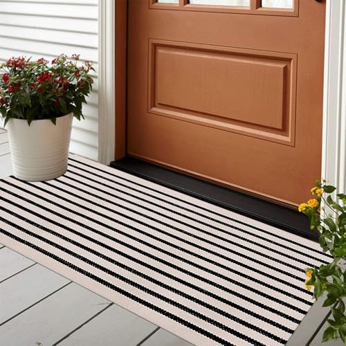 LEEVAN Black and White Striped Outdoor Rug Runner 24