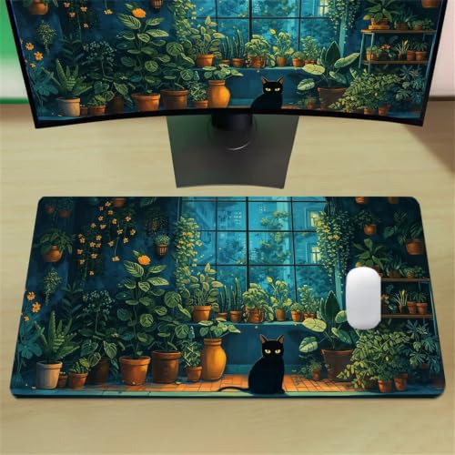 Tapis de Souris XXL Gaming 600 x 300 x 2mm, Grand Mouse Pad Animaux Chats Plantes, Tapis de Bureau Antidérapant avec Bords Cousus pour Clavier, PC et Maison
