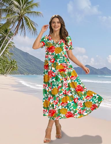 Image of YESNO Women's Summer Maxi Dresses Casual Floral Short Sleeve V Neck Boho Beach Vacation Swing Dress with Pockets EVF