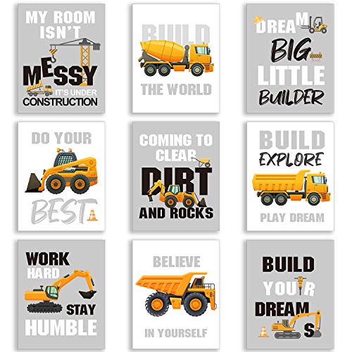 Image of Outus Set of 9 Construction Room Decor Trucks Inspirational Quote Art Print Transport Vehicle Motivational Phrases Poster Nursery or Room Wall Art Decoration Unframed, 8 x 10 Inch