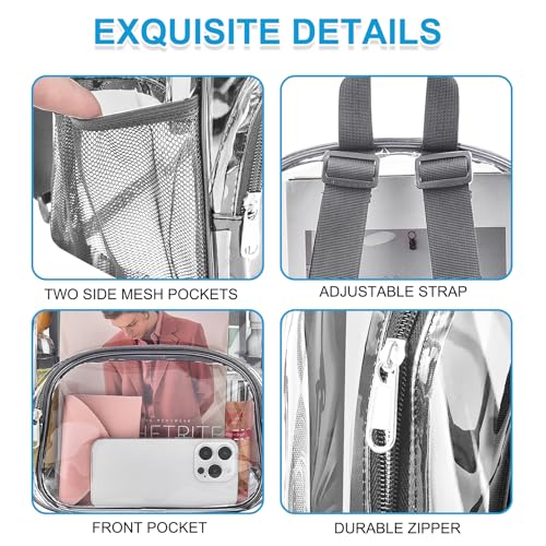 Image of Clear Backpack for Stadium Events Clear Backpack 11.5 inchL x 6 inchW x 9.5 inchH with Front Pocket for Concert Sport Events Work Travel (Grey)