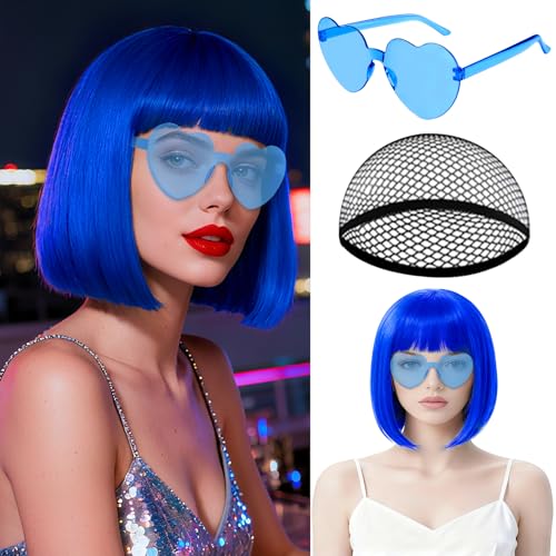 MEEZY Royal Blue Short Bob Wigs Straight Hair with Flat Bangs Heart Sunglasses for Women Colorful Funny Cosplay Party Neon Wig Synthetic Natural As Real Carnival Halloween Costume Party Favors