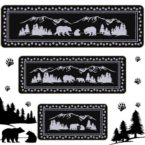 Pickmesh Set of 3 Kitchen Mats Cabin Bear Rugs Woodland Nursery Rug Decor Rustic Lodge Theme Area Rug with Bear and Cub Mountain Scene Cabin Rug for Home Bathroom (Black, White,Forest)