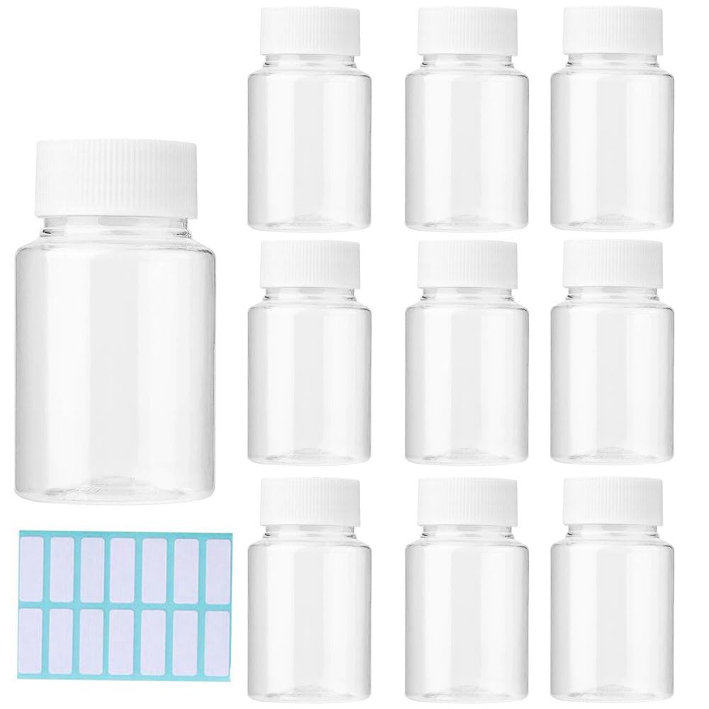 SKYPRO 10Pcs Clear Pill Bottle Plastic Medicine Bottle Empty Reagent Bottle Containers with Caps for Liquid Solid Powder Medicine With Sticker (50ML)