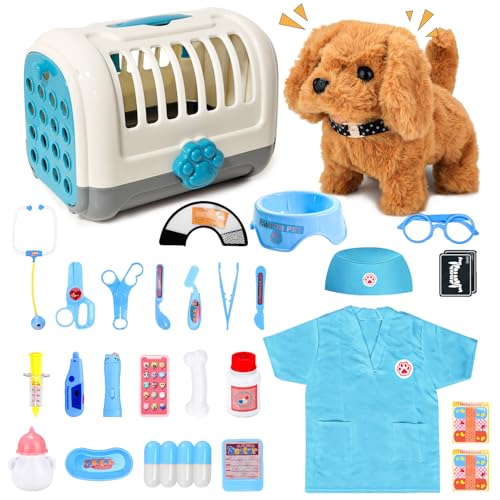 UBeesize 31Pcs Arztkoffer Kinder mit Elektrischer Hund Spielzeug der Läuft und Bellt, Interaktiver Hund Echt Stethoskop, Thermometer für Tierarzt Spielzeug Arztkoffer Kinder ab 3-5 Jahre Blau