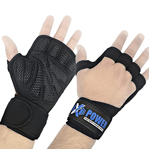XPOWER Professional Gym Gloves with Wrist Wrap Full Palm Protection Ultra Ventilated Exercise Gloves for Weightlifting Workout Cross Training Cycling Women & Men (Black Large)