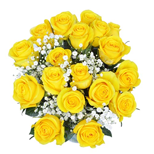 18 Yellow Roses + Baby's Breath in glass Vase | Arabella Bouquets | Real Fresh Flowers for Delivery, Gift for Birthday, Congratulations, Anniversary - Thumbnail 2