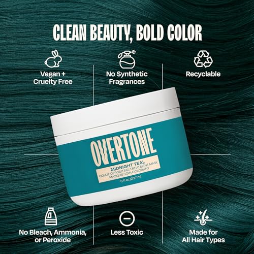 Image of Overtone Semi Permanent Hair Color Conditioner, Midnight Teal, 8 oz, Nourishing, Damage-Free, Color Depositing Mask for All Hair Types with Shea Butter & Coconut Oil, Vegan & Cruelty-Free