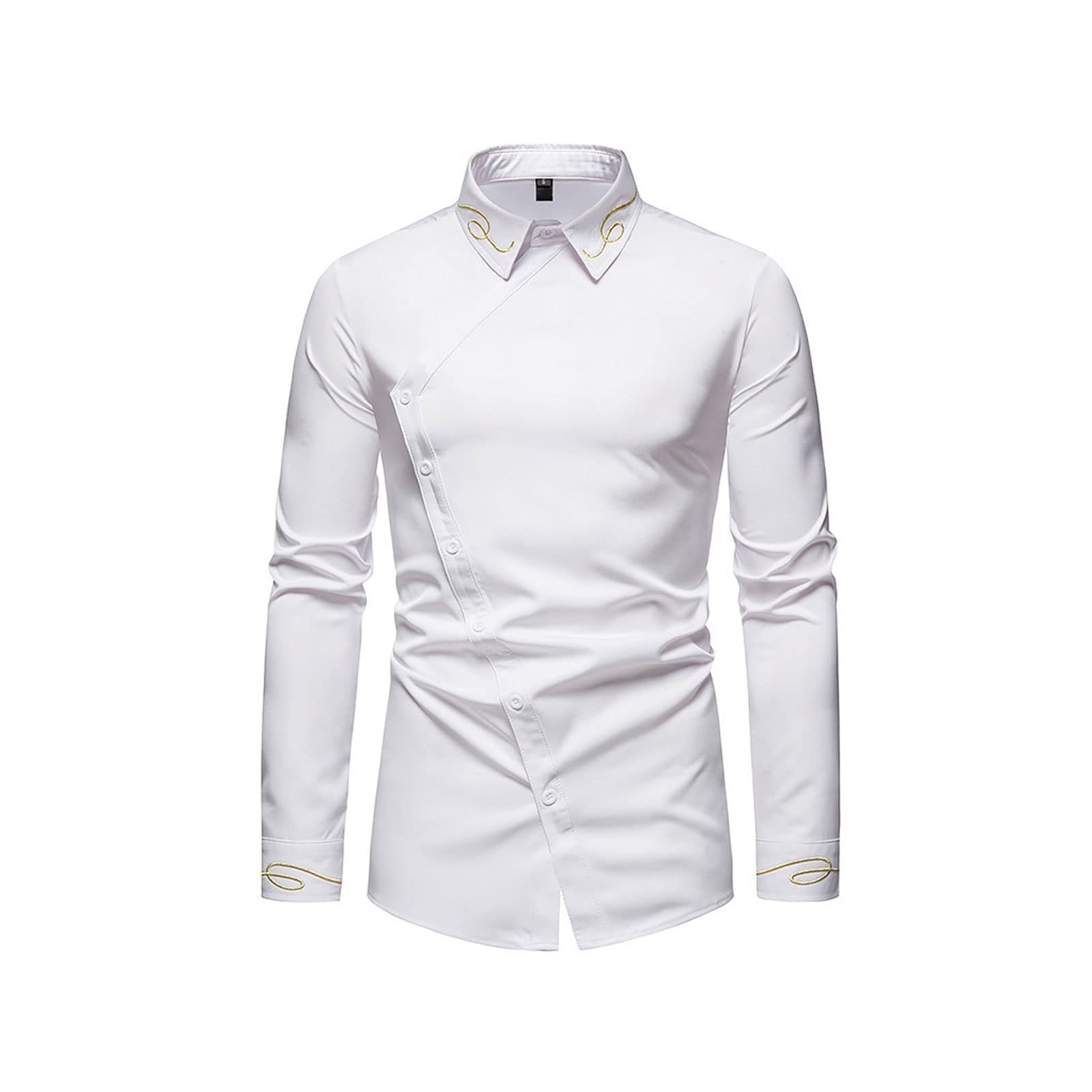TERPONTERPON long sleeve shirt Hollow Size Men Trend Embroidered Asymmetric Long-sleeved Shirt Western Shirt Slim Fit Social (Color : White, Size : 2XL)