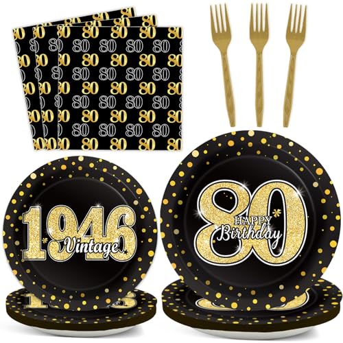 Image of 200PCS 80th Theme Birthday Party Tableware Vintage 1946 Party Supplies 80 year old Birthday Party Decorations Plates Napkins Forks Black and Gold Dinnerware Favors for Men or Women