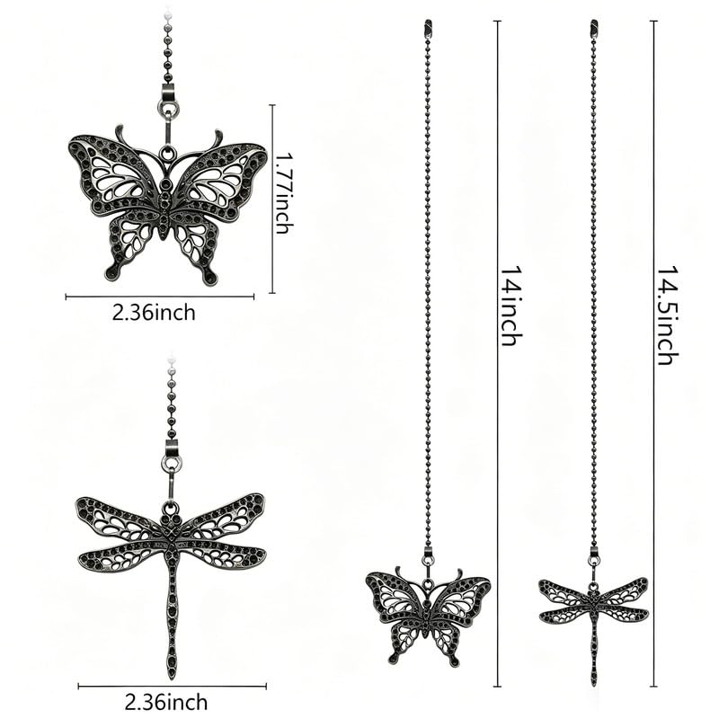 Image of 2Pcs Dragonfly and Butterfly Ceiling Fan Pull Chain, 14inch Fan Light Extender Pendant Ornaments Extension,Orb Black Pull Chain