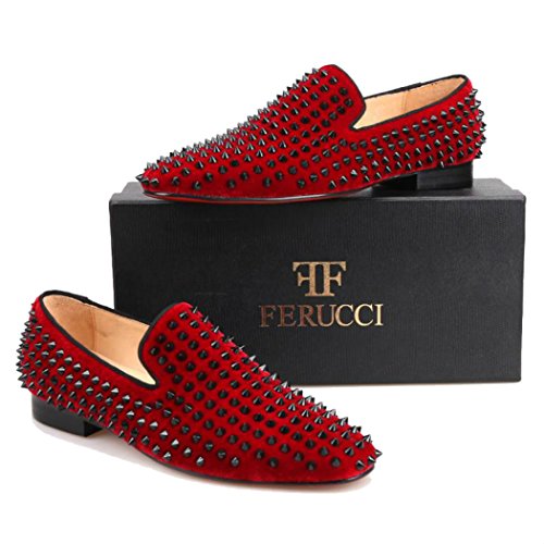 FERUCCI Men Burgundy Velvet Slippers Loafers Flat with Black Spikes2
