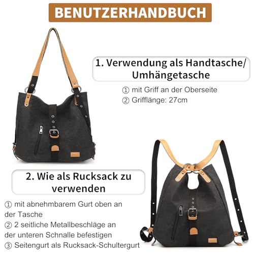 KONO Damen Rucksackhandtaschen Rucksack Canvas Handtasche 2 in 1 Vintage Damen Umhängetasche Verstellbare Schultergurte für Alltag Büro Schule Ausflug Einkauf(Schwarz)