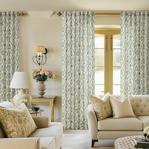 Image of Extra Long Green Floral Linen Curtains 120 Inches Long for Living Room | Olive Green, Leaf Flower, Plant Patterned, Printed Curtains, Farmhouse, Country, Shabby Chic, Boho, Floral, Drapes