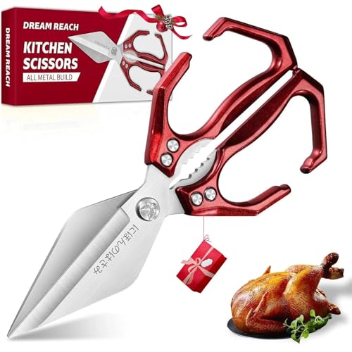 Dream Reach Poultry Shears - Heavy Duty Kitchen Scissors for Food with Ergonomic Handle, Japanese High-Carbon Steel Culinary Shears for Chicken, Meat, Seafood, Bone Cutting, Christmas Gifts (Red)