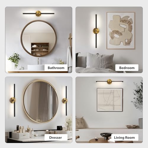 Image of 2026 Upgrade Black Brushed Gold Vanity Light, 18W Brighter 24 inch Gold Bathroom Light Fixtures Linear Modern LED Bathroom Lights Vanity Lighting Fixtures Over Mirror Light Bar, 360 Rotable 4000K CRI 90+