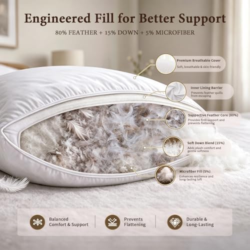 Image of BHZ Goose Down Feather Pillows Queen Size Set of 2, Hotel Collection Bed Pillows for Sleeping Medium Firm Soft Support Pillow for Side and Back Sleepers