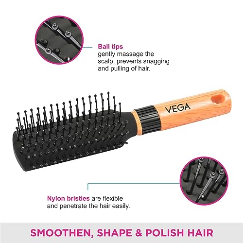 Vega Mini Flat Brush with Wooden Colored Handle and Black Colored Brush Head, Brown, Black - Image 4