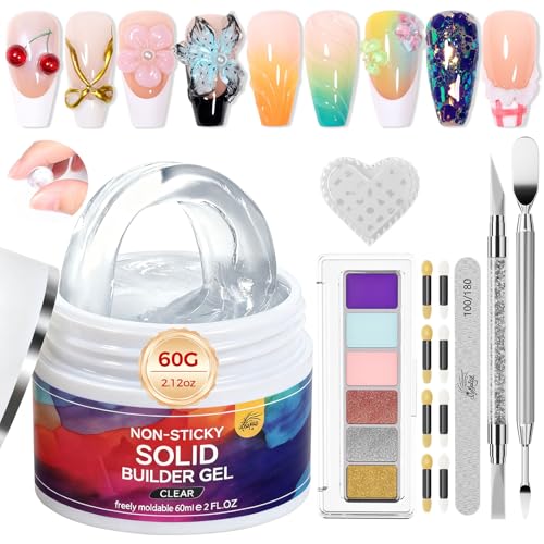 GELLAKTIK All-in-One Solid Builder Nail Gel Kit: 60g Hard Gel with 3D Mold, 6-Color Powders & Nail Art Tools (Nail File, Cuticle Pusher, Pen), Non-Sticky for Nail Extension, DIY Salon, UV/LED Cured