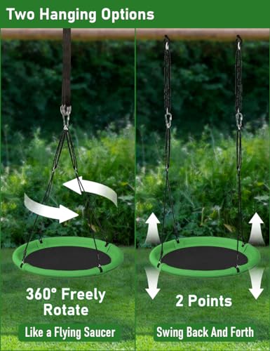 Image of 40 Inch Diameter Saucer Tree Swing Set for Kids & Adults, Adjustable Flying Swing Seat for Backyard or Outdoor Playground, Green & Black