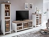 Woodkings® Wohnwand Perth 3teilig weiß bunt antik Vintage Lowboard TV-Bank Kommode Weinregal Hochschrank recyceltes Hartholz Schränke Wohnmöbel