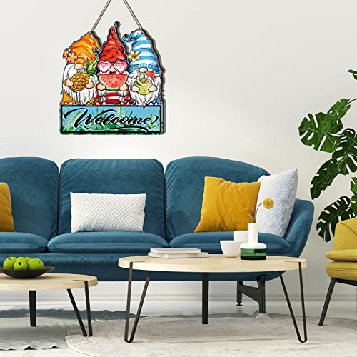 Hello Summer Gnome Door Sign Seasonal Wooden Hanging Sign Rustic Colorful Fruits Hanging Plaque Decorative Signs And Plaques Funny Welcome With Rope Front Door Yard Farmhouse Home Decorations 12 X12 Inch #TOP3