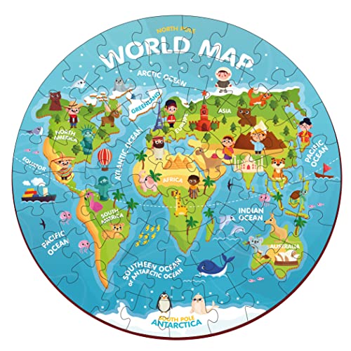 Image of Mini Leaves 72 Piece Wooden Round Puzzle for Kids - World Map Jigsaw Puzzle - Fun & Challenging Wooden Floor Puzzle Game - Gift for Adults & Kids - Safe & Durable Educational Toys