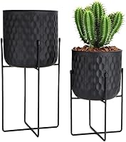 TRIROCKS Set of 2 Modern Metal Planters with Stands - 8x8x18 & 7x7x12 Inch Black Honeycomb Pots for Indoor Outdoor Home Decor