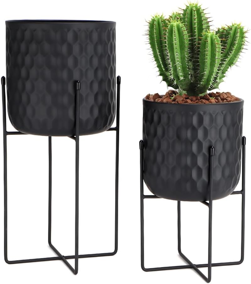 Set of 2 Planters with Stand Indoor Outdoor Metal Plant Stand 8 * 18 &7 * 12 "Modern Planters Flower Pots for Living Room Corner Kitchen Office Garden Balcony Patio Decor(Black)