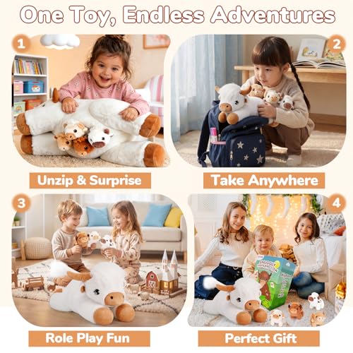 Image of gnomantic Highland Cow Stuffed Animals with Babies, Mommy Toy for Kids | 5-Piece set: 1 mommy highland cow + 4 surprise babies inside. Unzip belly to reveal babies. Ultra-soft, safe for ages 3-8.