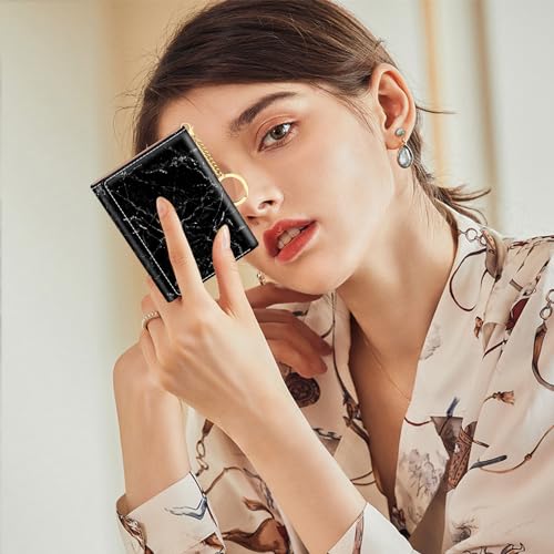 Image of Rouidr Womens Wallet, Small Slim RFID Card Wallets for Women, Cute Front Pocket Trifold Leather Card Organizer with 7 Slots & ID Window, Black Marble