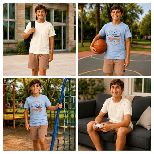 Image of AEROPOSTALE Boys Athletic Shorts Set 3 Piece Graphic T Shirts Fleece Shorts | Soft Breathable Jersey Tees, Elastic Waistband, Side Pockets, Screen-print Design, Durable Stitching for School & Play
