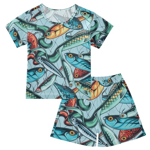 Pajama Short Sets Vintage Colorful Fishing Baits Soft Cotton Summer Sleepwear 2 Piece PJS Size 5-14T