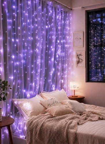Image of Brightown 300 LED Fairy Curtain Lights, 9.8ft x 9.8ft Curtain String Lights | Purple USB Plug in 8 Lighting Modes Halloween String Hanging Lights with Remote for Bedroom Indoor Outdoor Party Xmas