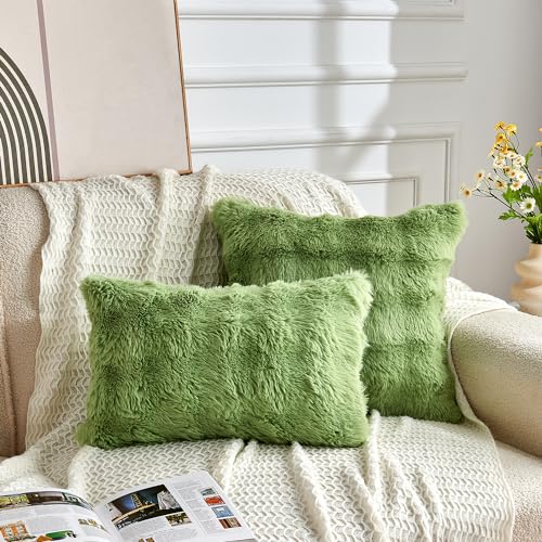 Wajade Faux Fur Cushion Covers Bubble Fluffy Rabbit Fur Decorative Throw Pillow Cover Soft Cozy Plush Pillowcase For Sofa Couch Livingroom Bedroom Pack of 2，Green 30x50cm