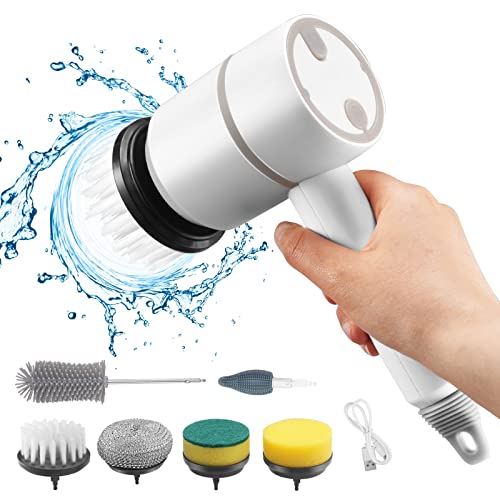 Misvayli 6 in 1 Automatic Electric Spin Scrubber, Cordless Shower Cleaner with 6 Replaceable Brush Heads Handheld Power Scrubber Electric Cleaning Brush for Bathroom and Kitchen(White)