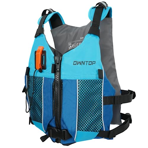 Owntop Swim Vest Youth 50-90 lbs, Lightweight Kayak Swim Jacket Kids, Hydration Pocket for Wakeboard, Boating, Fishing, Water Sports (Blue, Junior)