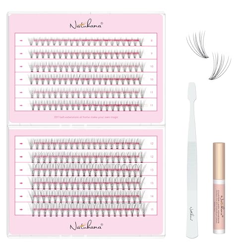 Natuhana Pestañas Postizas Cluster Lashes Kit,DIY Extensiones de Pestañas Pelo a Pelo com 240 PCS,8 15mm Mixto 0.07mm Naturales Eyelash con Pinzas y Pegamento(10P, Negro, 8 15mm)